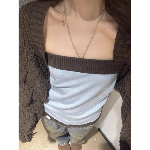 PlaceOrder 韓國小衆拼接撞色針織修身羊毛抹胸女秋休閒百搭上衣