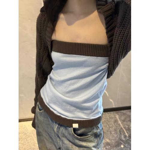 PlaceOrder 韓國小衆拼接撞色針織修身羊毛抹胸女秋休閒百搭上衣