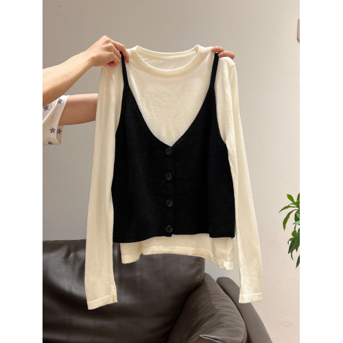 秋季穿搭兩件套長袖T恤女內搭2025年新款開衫外搭吊帶背心女上衣 秋季穿搭兩件套長袖T恤女內搭2025年新款開衫外搭吊帶背心女上衣