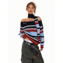 XPKAEAX 美式辣妹風條紋一字肩毛衣女2025年秋季露肩針織衫配圍巾