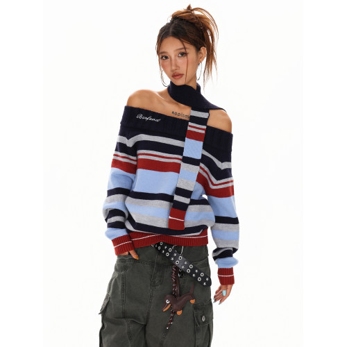 XPKAEAX 美式辣妹風條紋一字肩毛衣女2025年秋季露肩針織衫配圍巾 XPKAEAX 美式辣妹風條紋一字肩毛衣女2025年秋季露肩針織衫配圍巾