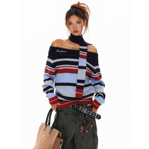 XPKAEAX 美式辣妹風條紋一字肩毛衣女2025年秋季露肩針織衫配圍巾 XPKAEAX 美式辣妹風條紋一字肩毛衣女2025年秋季露肩針織衫配圍巾