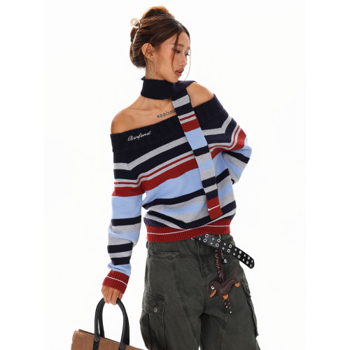 XPKAEAX 美式辣妹風條紋一字肩毛衣女2025年秋季露肩針織衫配圍巾 XPKAEAX 美式辣妹風條紋一字肩毛衣女2025年秋季露肩針織衫配圍巾