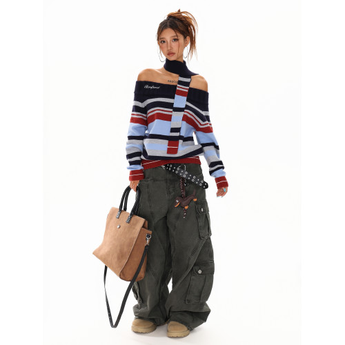 XPKAEAX 美式辣妹風條紋一字肩毛衣女2025年秋季露肩針織衫配圍巾 XPKAEAX 美式辣妹風條紋一字肩毛衣女2025年秋季露肩針織衫配圍巾