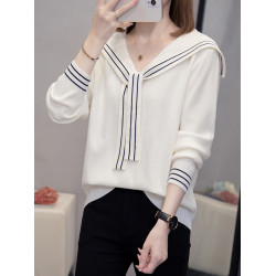 大碼女裝學院風海軍領寬松毛衣針織衫打底秋冬胖mm甜美減齡上衣