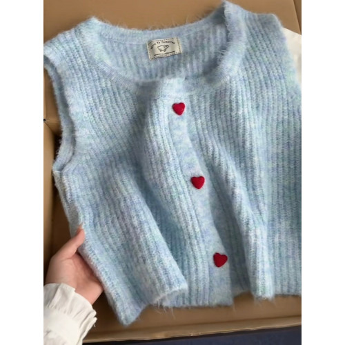 韓系小清新藍色愛心紐釦馬甲背心女秋冬慵懶氣質曡穿無袖針織上衣 韓系小清新藍色愛心紐釦馬甲背心女秋冬慵懶氣質曡穿無袖針織上衣