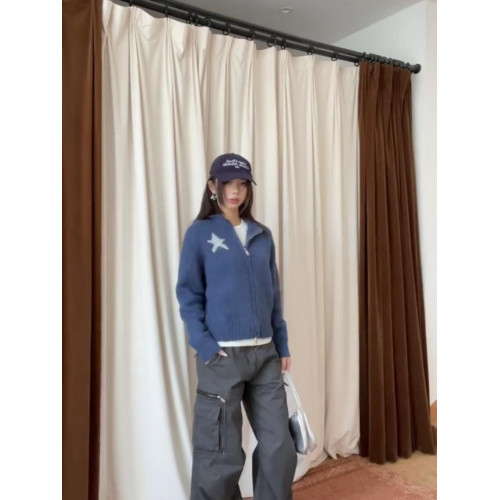 韓系早秋季設計感穿搭藍色拉鍊針織衫開衫毛衣女百搭寬松外套上衣 韓系早秋季設計感穿搭藍色拉鍊針織衫開衫毛衣女百搭寬松外套上衣