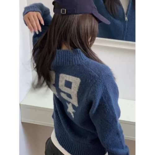 韓系早秋季設計感穿搭藍色拉鍊針織衫開衫毛衣女百搭寬松外套上衣 韓系早秋季設計感穿搭藍色拉鍊針織衫開衫毛衣女百搭寬松外套上衣