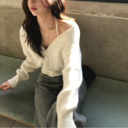 毛針織衫女韓國chic設計感簡約V領輕熟百搭掛脖兩穿一字肩短上衣