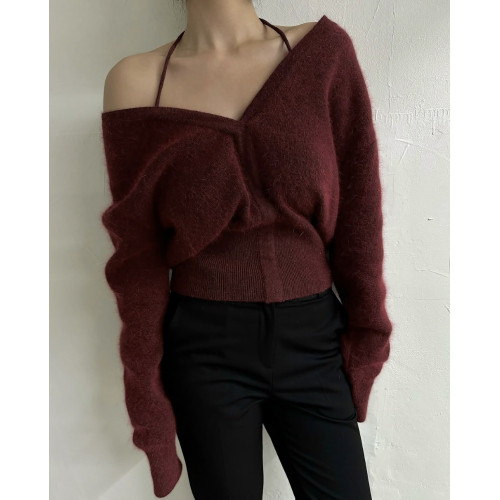 毛針織衫女韓國chic設計感簡約V領輕熟百搭掛脖兩穿一字肩短上衣 毛針織衫女韓國chic設計感簡約V領輕熟百搭掛脖兩穿一字肩短上衣