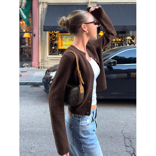 DARLINGAGA美式休閒純色圓領排釦開衫毛衣女日常百搭寬松顯瘦外套