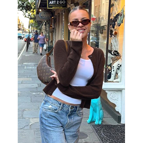 DARLINGAGA美式休閒純色圓領排釦開衫毛衣女日常百搭寬松顯瘦外套