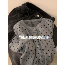 復古灰色波點針織開衫女2025秋外搭薄款毛衣外套韓系短款上衣秋冬