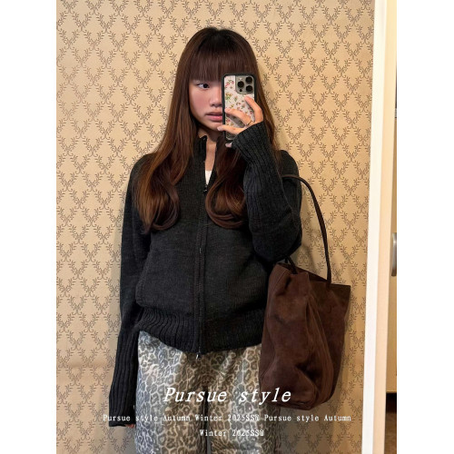【灰度空間】慵懶高級感毛衣外套女秋冬灰色拉鍊開衫長袖拉鍊上衣