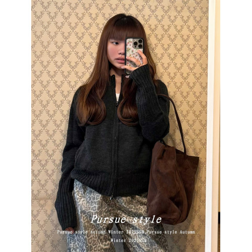 【灰度空間】慵懶高級感毛衣外套女秋冬灰色拉鍊開衫長袖拉鍊上衣