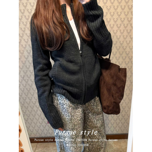 【灰度空間】慵懶高級感毛衣外套女秋冬灰色拉鍊開衫長袖拉鍊上衣