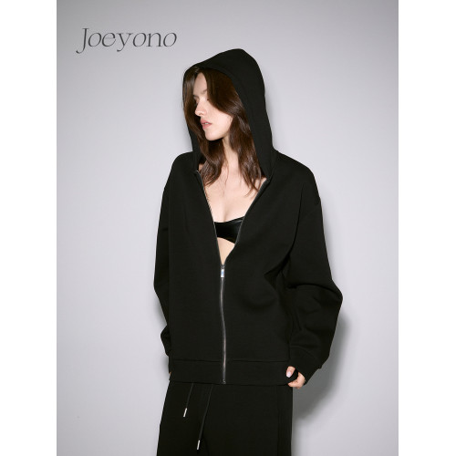 JOEYONO廓形連帽衛衣外套空氣層寬松女秋冬黑色設計感衛衣外套 JOEYONO廓形連帽衛衣外套空氣層寬松女秋冬黑色設計感衛衣外套