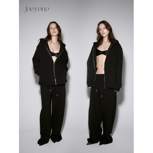 JOEYONO廓形連帽衛衣外套空氣層寬松女秋冬黑色設計感衛衣外套 JOEYONO廓形連帽衛衣外套空氣層寬松女秋冬黑色設計感衛衣外套