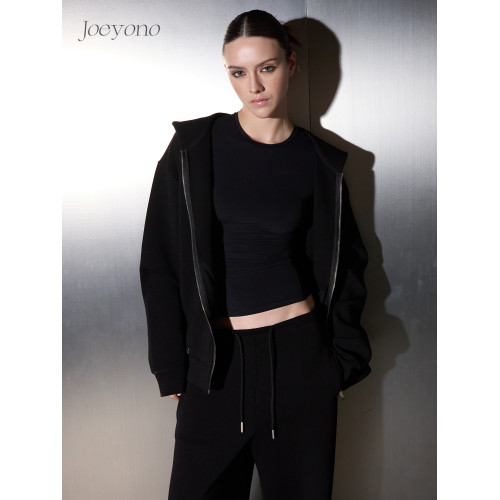 JOEYONO廓形連帽衛衣外套空氣層寬松女秋冬黑色設計感衛衣外套 JOEYONO廓形連帽衛衣外套空氣層寬松女秋冬黑色設計感衛衣外套