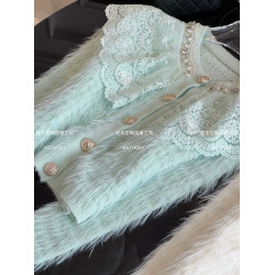 水貂絨娃娃領蕾絲邊毛衣外套女2025年秋冬重工鑲鑽寬松單排釦針織