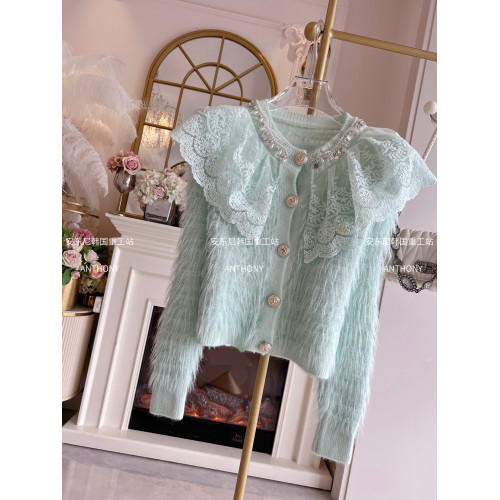 水貂絨娃娃領蕾絲邊毛衣外套女2025年秋冬重工鑲鑽寬松單排釦針織 水貂絨娃娃領蕾絲邊毛衣外套女2025年秋冬重工鑲鑽寬松單排釦針織