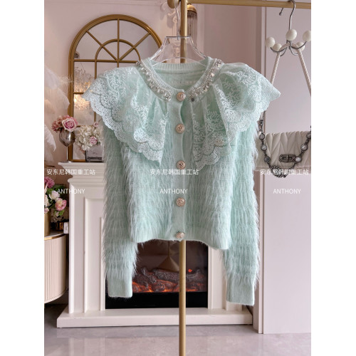 水貂絨娃娃領蕾絲邊毛衣外套女2025年秋冬重工鑲鑽寬松單排釦針織 水貂絨娃娃領蕾絲邊毛衣外套女2025年秋冬重工鑲鑽寬松單排釦針織