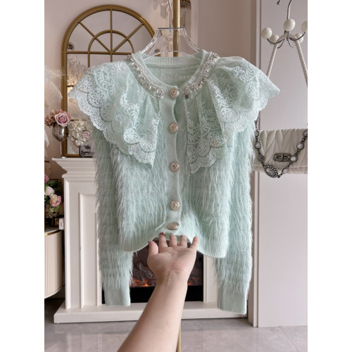 水貂絨娃娃領蕾絲邊毛衣外套女2025年秋冬重工鑲鑽寬松單排釦針織 水貂絨娃娃領蕾絲邊毛衣外套女2025年秋冬重工鑲鑽寬松單排釦針織