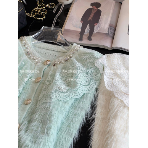 水貂絨娃娃領蕾絲邊毛衣外套女2025年秋冬重工鑲鑽寬松單排釦針織 水貂絨娃娃領蕾絲邊毛衣外套女2025年秋冬重工鑲鑽寬松單排釦針織