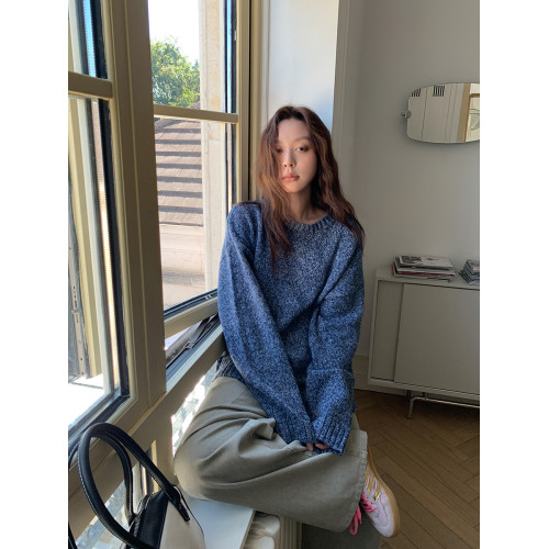 SIXI四喜家 北歐膠片*復古雜色圓領毛衣女秋季寬鬆慵嬾針織上衣