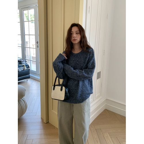 SIXI四喜家 北歐膠片*復古雜色圓領毛衣女秋季寬鬆慵嬾針織上衣