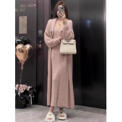 港風復古慵懶風針織吊帶連衣裙+長款過膝麻花毛衣開衫外套兩件套