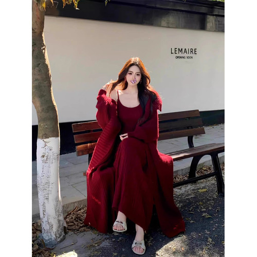 港風復古慵懶風針織吊帶連衣裙+長款過膝麻花毛衣開衫外套兩件套