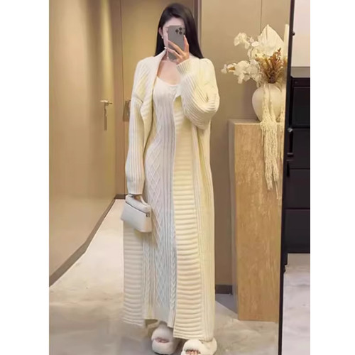 港風復古慵懶風針織吊帶連衣裙+長款過膝麻花毛衣開衫外套兩件套