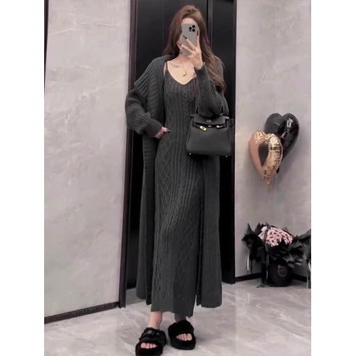 港風復古慵懶風針織吊帶連衣裙+長款過膝麻花毛衣開衫外套兩件套