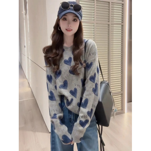 韓系氛圍感寬松愛心字母針織衫上衣女早秋慵懶風時尚減齡套頭毛衣 韓系氛圍感寬松愛心字母針織衫上衣女早秋慵懶風時尚減齡套頭毛衣