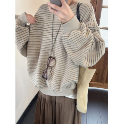 韓系條紋長袖圓領衛衣女2025新款春秋冬寬松慵懶風oversize上衣潮