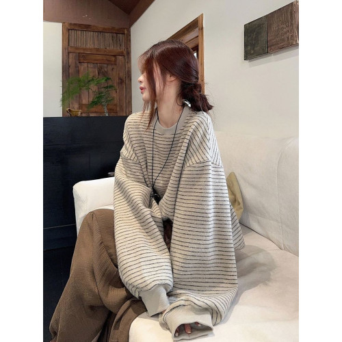 韓系條紋長袖圓領衛衣女2025新款春秋冬寬松慵懶風oversize上衣潮 韓系條紋長袖圓領衛衣女2025新款春秋冬寬松慵懶風oversize上衣潮