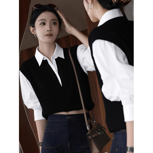 2025秋季小衆不撞款獨特別致絕美高級感超好看拼接假兩件針織衫女