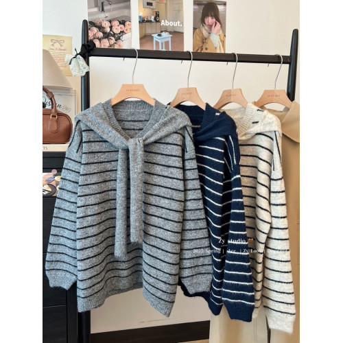 kumikumi慵嬾風披肩圓領條紋套頭毛衣女秋季寬鬆顯瘦百搭休閒上衣