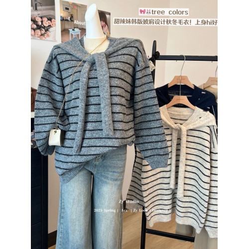 kumikumi慵嬾風披肩圓領條紋套頭毛衣女秋季寬鬆顯瘦百搭休閒上衣