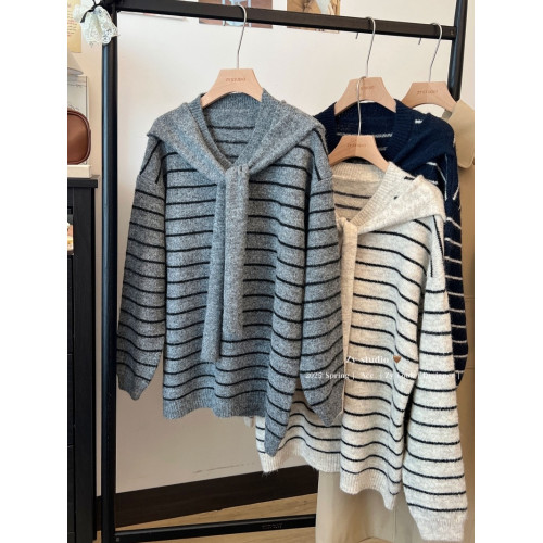 kumikumi慵嬾風披肩圓領條紋套頭毛衣女秋季寬鬆顯瘦百搭休閒上衣