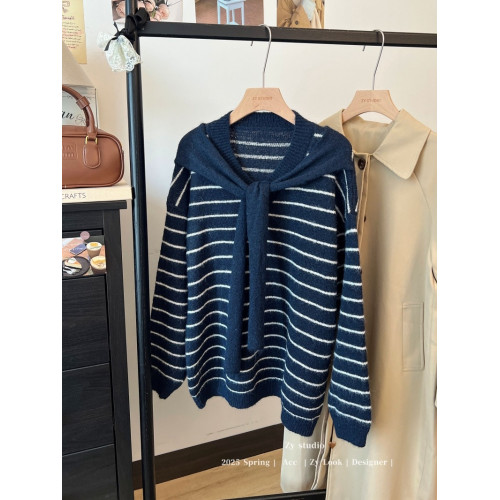 kumikumi慵嬾風披肩圓領條紋套頭毛衣女秋季寬鬆顯瘦百搭休閒上衣