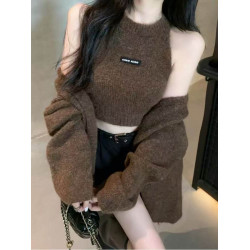 高級感慵懶風辣妹中長款毛衣外套女秋冬美拉德軟糯背心上衣兩件套