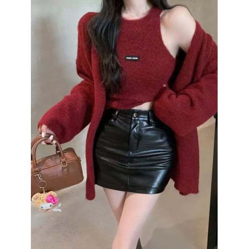 高級感慵懶風辣妹中長款毛衣外套女秋冬美拉德軟糯背心上衣兩件套