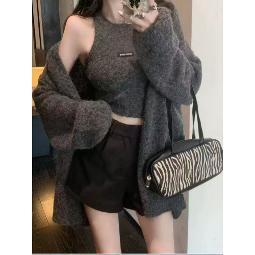 高級感慵懶風辣妹中長款毛衣外套女秋冬美拉德軟糯背心上衣兩件套