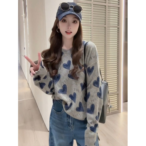 歐貨慵懶風寬松愛心字母針織衫女秋季韓系氛圍感時尚減齡圓領毛衣