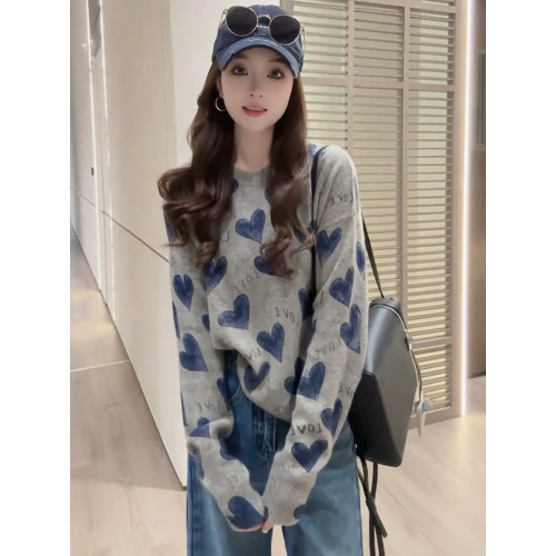 歐貨慵懶風寬松愛心字母針織衫女秋季韓系氛圍感時尚減齡圓領毛衣