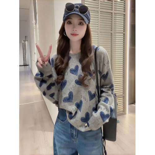 歐貨慵懶風寬松愛心字母針織衫女秋季韓系氛圍感時尚減齡圓領毛衣