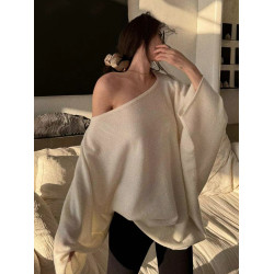 韓版斜領長袖針織衫女春秋薄款寬松慵懶風顯瘦百搭高級感露肩上衣