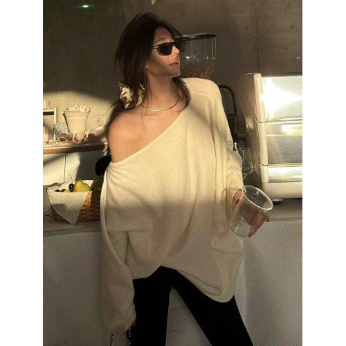 韓版斜領長袖針織衫女春秋薄款寬松慵懶風顯瘦百搭高級感露肩上衣 韓版斜領長袖針織衫女春秋薄款寬松慵懶風顯瘦百搭高級感露肩上衣